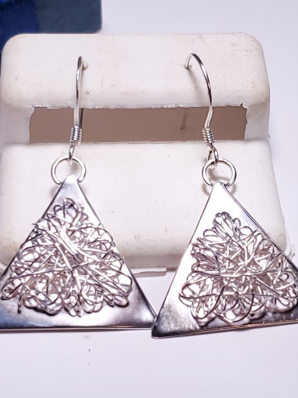 Estate Dangle Triangle handmade Sterling Silver Lacey wire center Earrings#24713